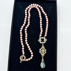 Heidi Daus Multicolor Crystal Faux Pink Pearl Bronze Necklace 30 Inch in Box